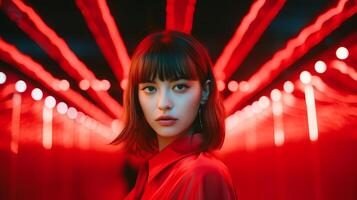 Beautiful girl on a red background. The girl in red. . photo