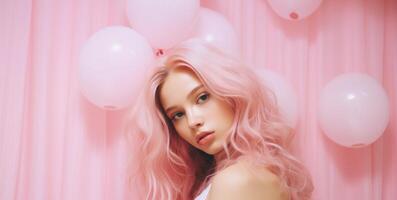 Beautiful girl on a pink background. The girl in pink. . photo