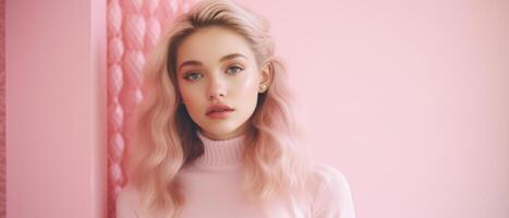 Beautiful girl on a pink background. The girl in pink. . photo