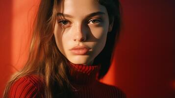 Beautiful girl on a red background. The girl in red. . photo
