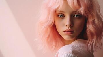 Beautiful girl on a pink background. The girl in pink. . photo