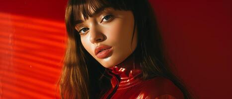 Beautiful girl on a red background. The girl in red. . photo