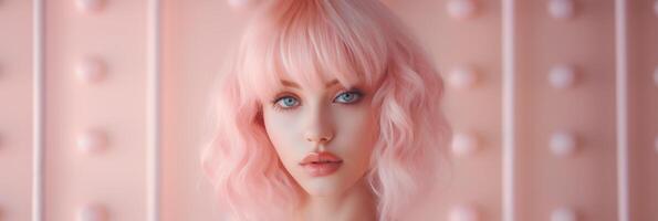 Beautiful girl on a pink background. The girl in pink. . photo