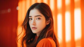 Beautiful girl on an orange background. The girl in orange. . photo