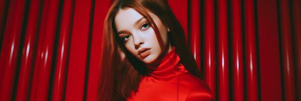 Beautiful girl on a red background. The girl in red. . photo