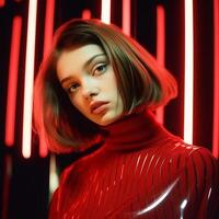 Beautiful girl on a red background. The girl in red. . photo