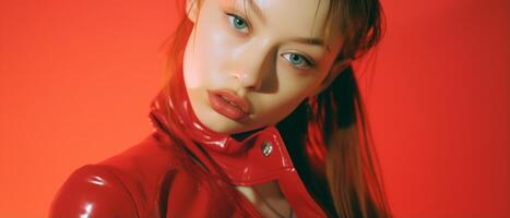 Beautiful girl on a red background. The girl in red. . photo