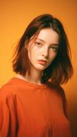 Beautiful girl on an orange background. The girl in orange. . photo