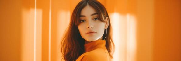 Beautiful girl on an orange background. The girl in orange. . photo