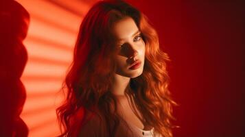 Beautiful girl on a red background. The girl in red. . photo
