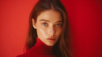 Beautiful girl on a red background. The girl in red. . photo