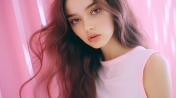 Beautiful girl on a pink background. The girl in pink. . photo