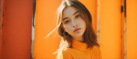 Beautiful girl on an orange background. The girl in orange. . photo