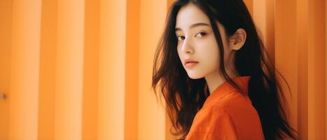 Beautiful girl on an orange background. The girl in orange. . photo