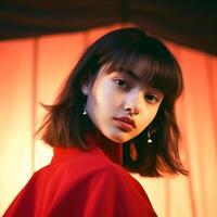 Beautiful girl on a red background. The girl in red. . photo