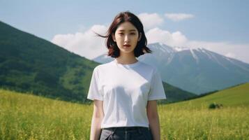A beautiful girl in a white T-shirt against the background of a beautiful landscape. photo