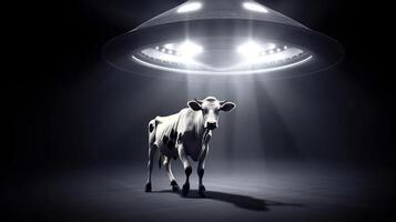 An alien ship shoots a beam of light at a cow. . photo