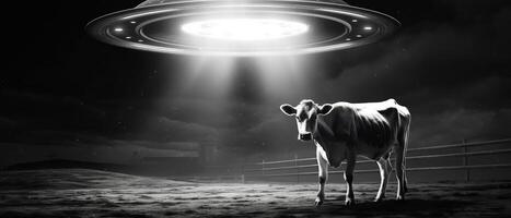 An alien ship shoots a beam of light at a cow. . photo