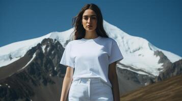 A beautiful girl in a white T-shirt against the background of a beautiful landscape. photo