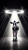 An alien ship shoots a beam of light at a cow. . photo