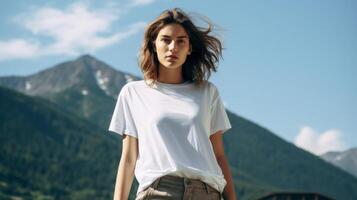 A beautiful girl in a white T-shirt against the background of a beautiful landscape. photo