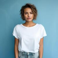 A girl in a plain white T-shirt. photo