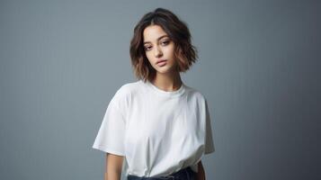 A girl in a plain white T-shirt. photo