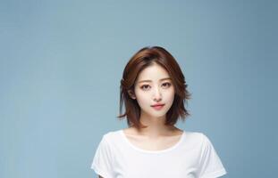 A girl in a plain white T-shirt. photo