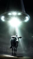 An alien ship shoots a beam of light at a cow. . photo