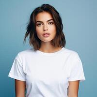 A girl in a plain white T-shirt. photo
