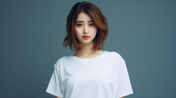 A girl in a plain white T-shirt. photo