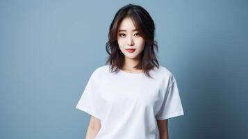 A girl in a plain white T-shirt. photo