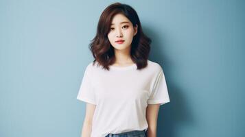 A girl in a plain white T-shirt. photo