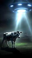 An alien ship shoots a beam of light at a cow. . photo