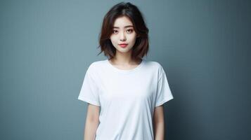 A girl in a plain white T-shirt. photo