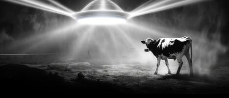 An alien ship shoots a beam of light at a cow. . photo