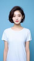 A girl in a plain white T-shirt. photo