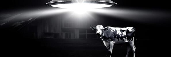An alien ship shoots a beam of light at a cow. . photo