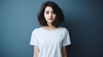 A girl in a plain white T-shirt. photo