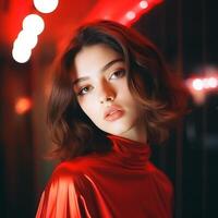 Beautiful girl on a red background. The girl in red. . photo
