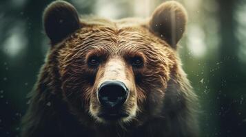 Portrait of a majestic face of a bear on the background of a forest. . photo