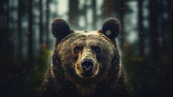 Portrait of a majestic face of a bear on the background of a forest. . photo