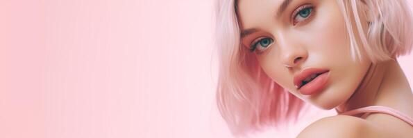 Beautiful girl on a pink background. The girl in pink. . photo