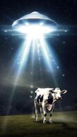An alien ship shoots a beam of light at a cow. . photo