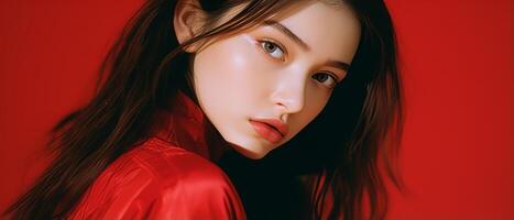 Beautiful girl on a red background. The girl in red. . photo