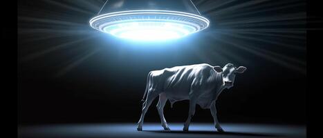 An alien ship shoots a beam of light at a cow. . photo