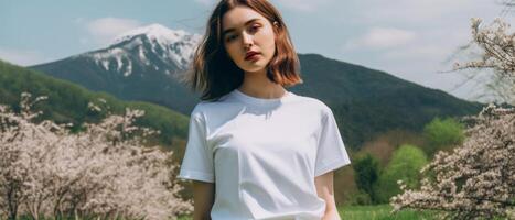 A beautiful girl in a white T-shirt against the background of a beautiful landscape. photo