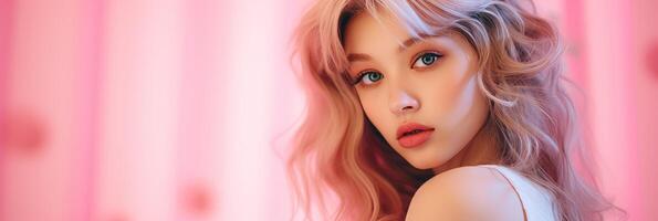 Beautiful girl on a pink background. The girl in pink. . photo