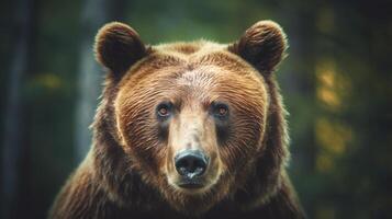 Portrait of a majestic face of a bear on the background of a forest. . photo