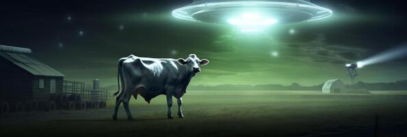 An alien ship shoots a beam of light at a cow. . photo